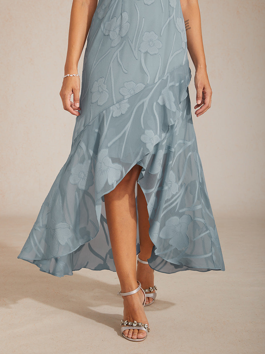 Ärmelloses Abendkleid aus Chiffon mit Blumenmuster und asymmetrischem Saum