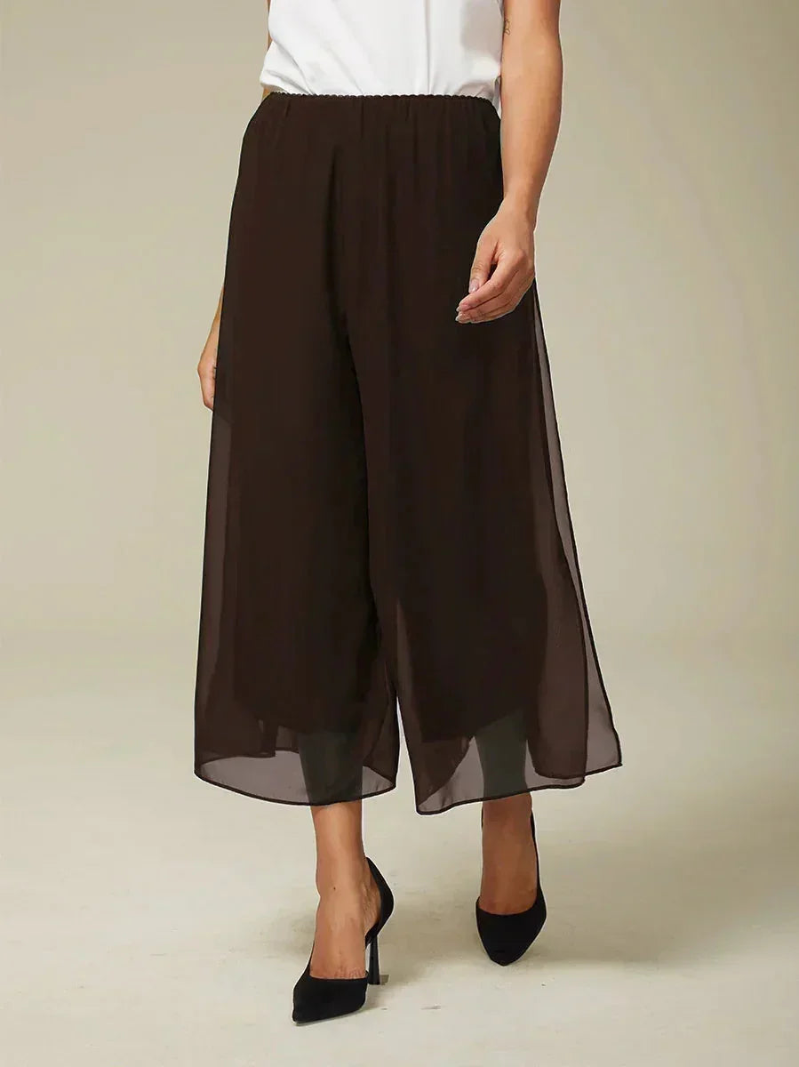Cropped Length Straight Leg Pant With Chiffon Split Leg Overlay