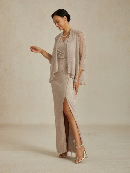 Metallic Pleated Chiffon Long Jacket with Layered Design