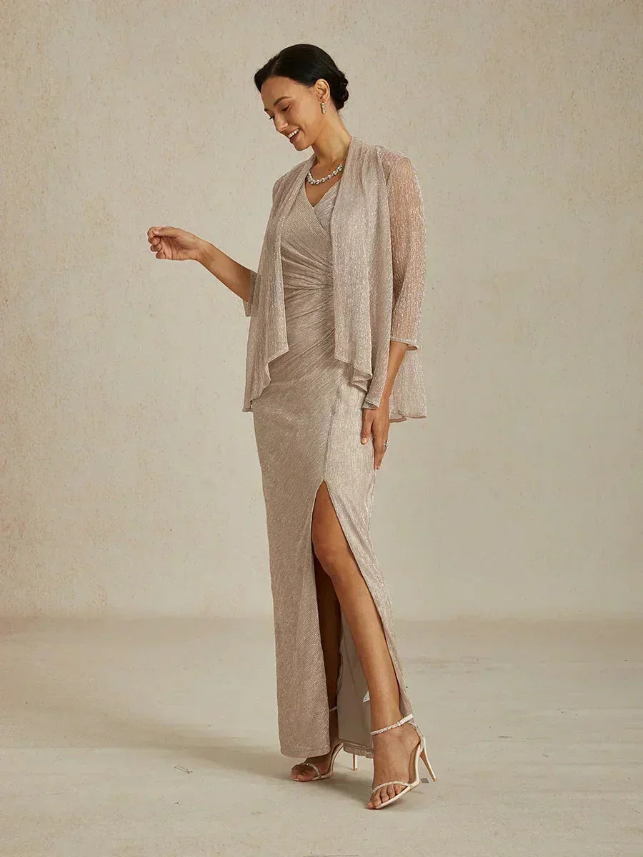 Metallic Pleated Chiffon Long Jacket Dress
