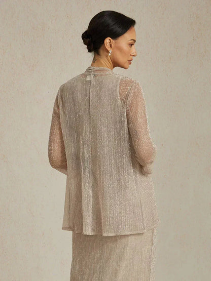 Metallic Pleated Chiffon Long Jacket with Layered Design