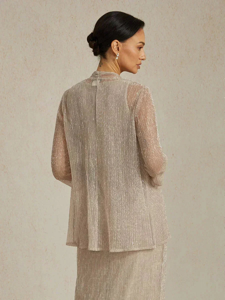 Metallic Pleated Chiffon Long Jacket Dress