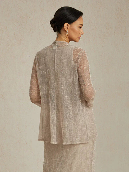 Metallic Pleated Chiffon Long Jacket with Layered Design