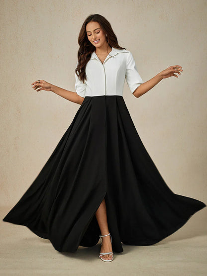 Schwarz-weißes Maxikleid mit Hemdkragen