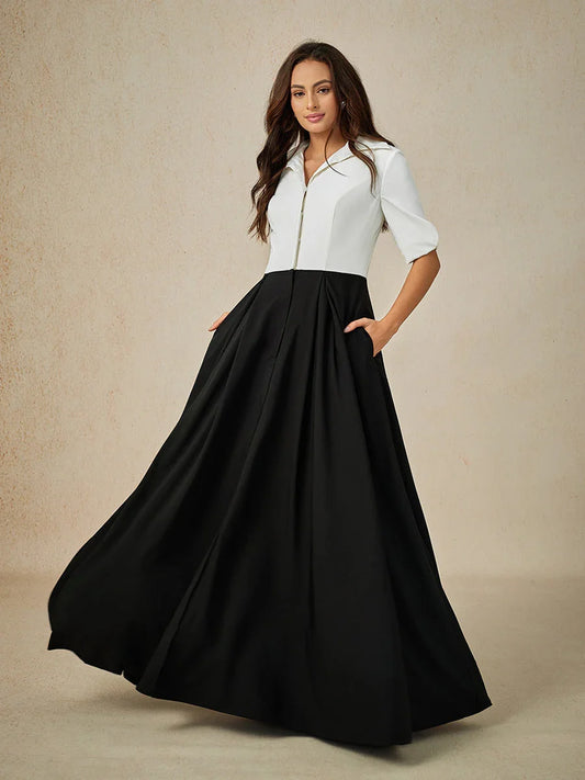 Formal Black & White Stretch Taffeta Maxi Dress