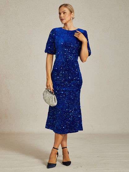 Velvet Sequin Midi Dress with Puff Sleeves