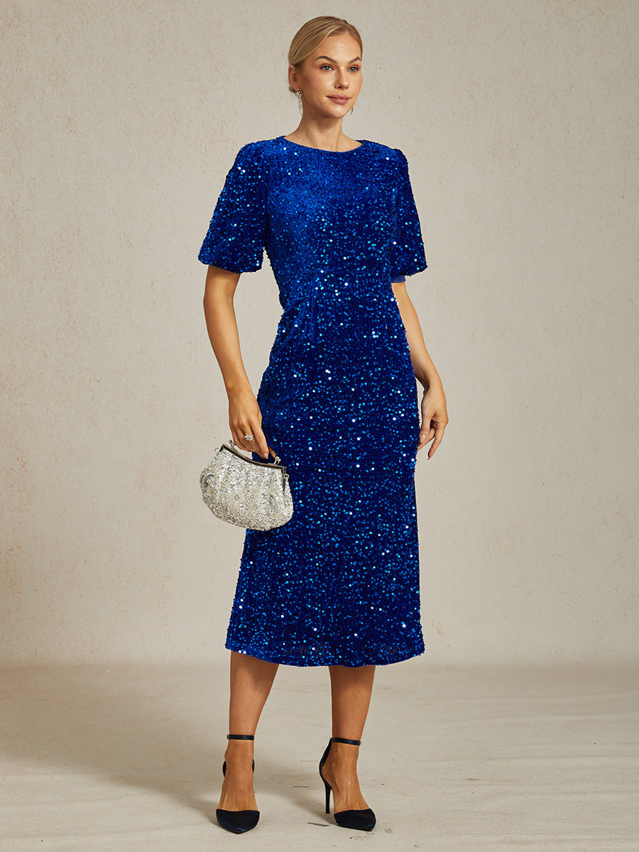 Velvet Sequin Midi Dress with Puff Sleeves