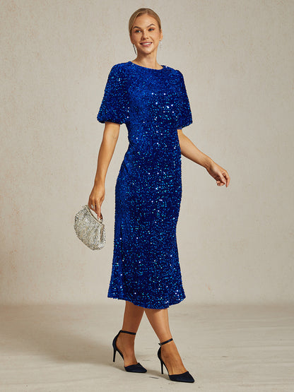 Velvet Sequin Midi Dress with Puff Sleeves