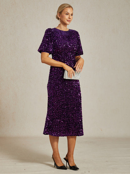 Velvet Sequin Midi Dress with Puff Sleeves
