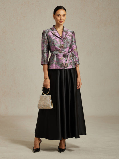 Dreiviertelärmelige Bluse mit floralem Jacquardmuster und Bindegürtel