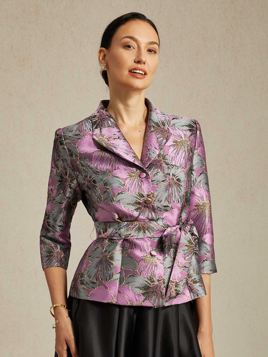 3/4 Sleeve Floral Jacquard Blouse with Tie Waist
