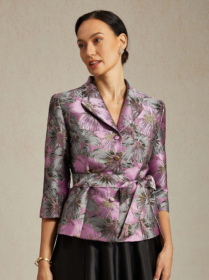 Dreiviertelärmelige Bluse mit floralem Jacquardmuster und Bindegürtel