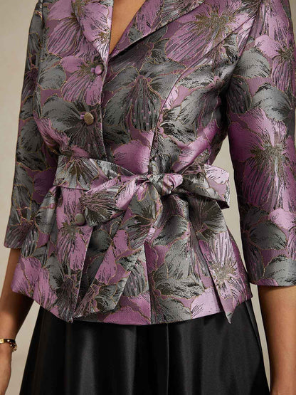 Dreiviertelärmelige Bluse mit floralem Jacquardmuster und Bindegürtel