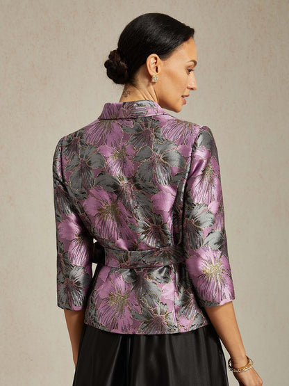 Dreiviertelärmelige Bluse mit floralem Jacquardmuster und Bindegürtel