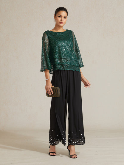 Bell Sleeves Mesh Sequin Layered Top