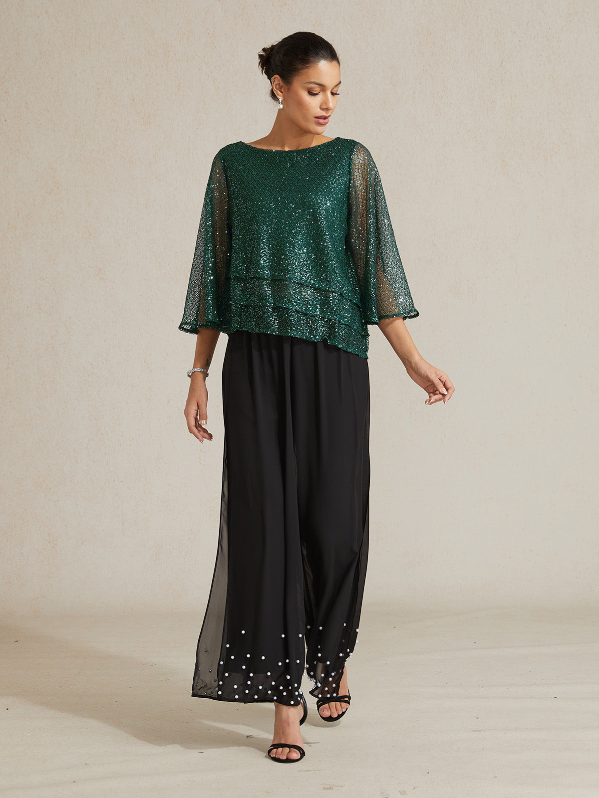 Bell Sleeves Mesh Sequin Layered Top