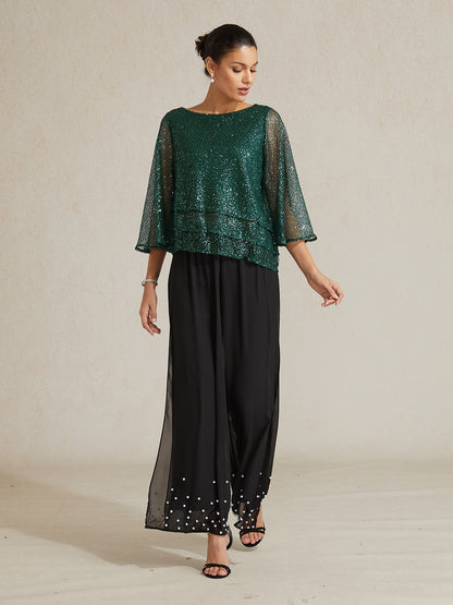 Bell Sleeves Mesh Sequin Layered Top