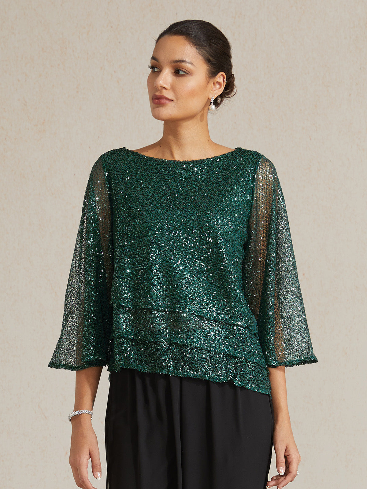 Bell Sleeves Mesh Sequin Layered Top