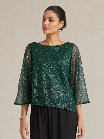 Bell Sleeves Mesh Sequin Layered Top