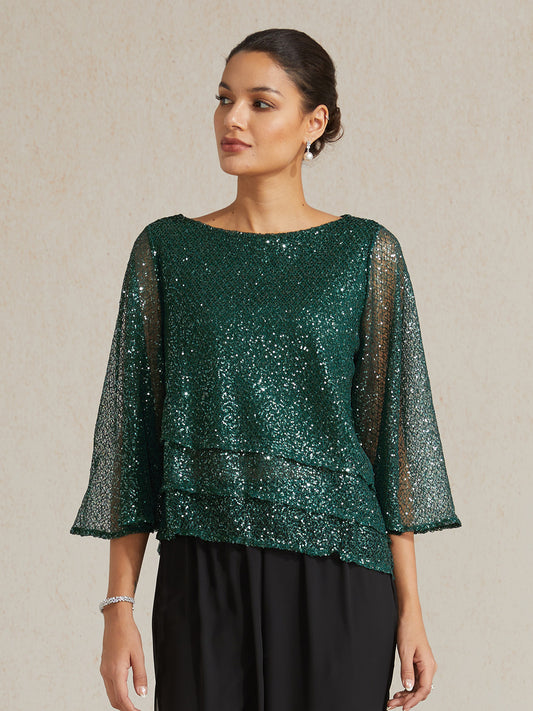 Bell Sleeves Mesh Sequin Layered Top
