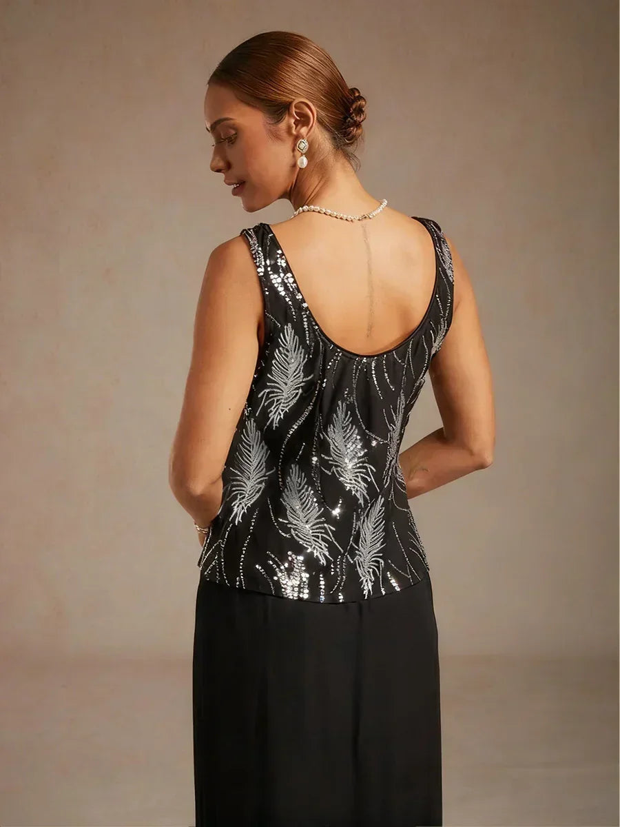 Elegant Mandarin Collar Sequin Twinset