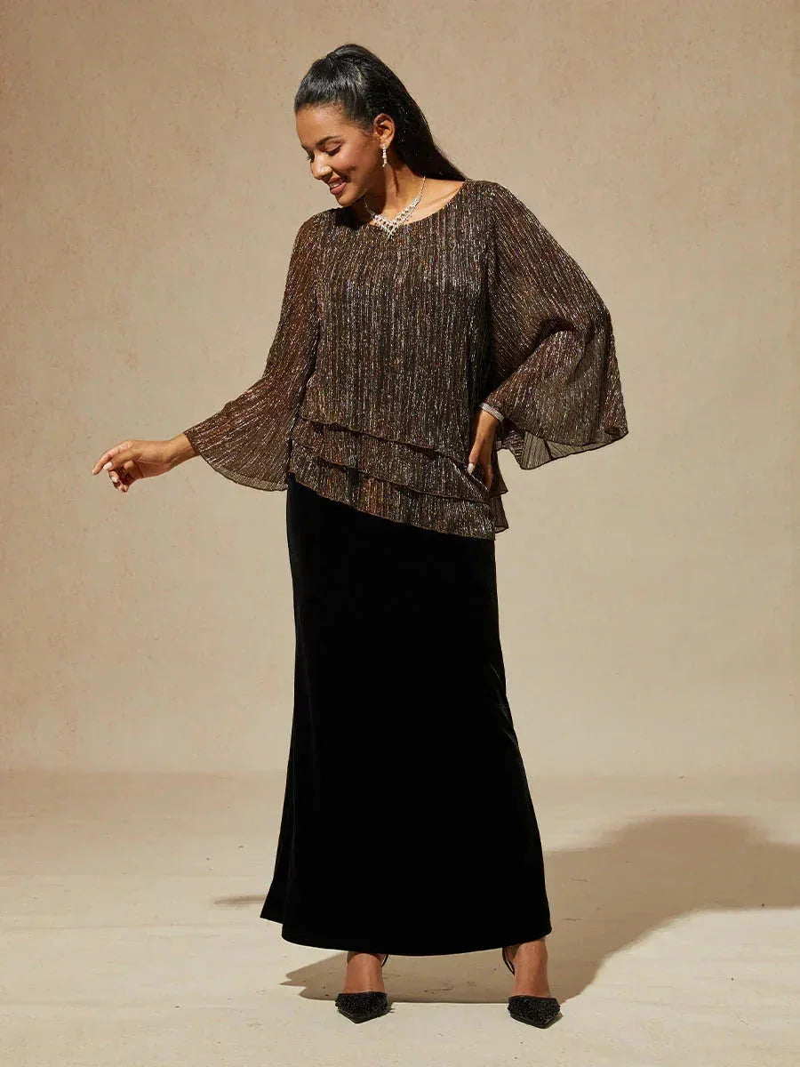 Metallic Pleated Chiffon Asymmetrical Layered Blouse