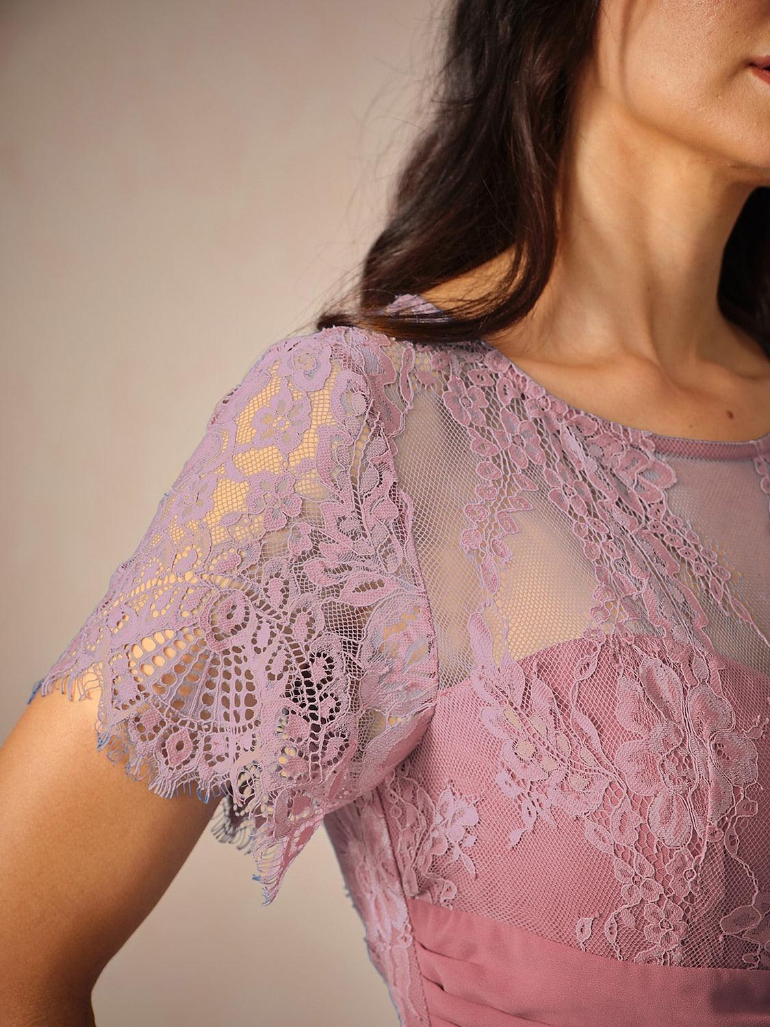 Ruched Tiered Pleated Lace Chiffon Dress