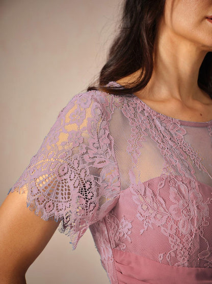 Ruched Tiered Pleated Lace Chiffon Dress