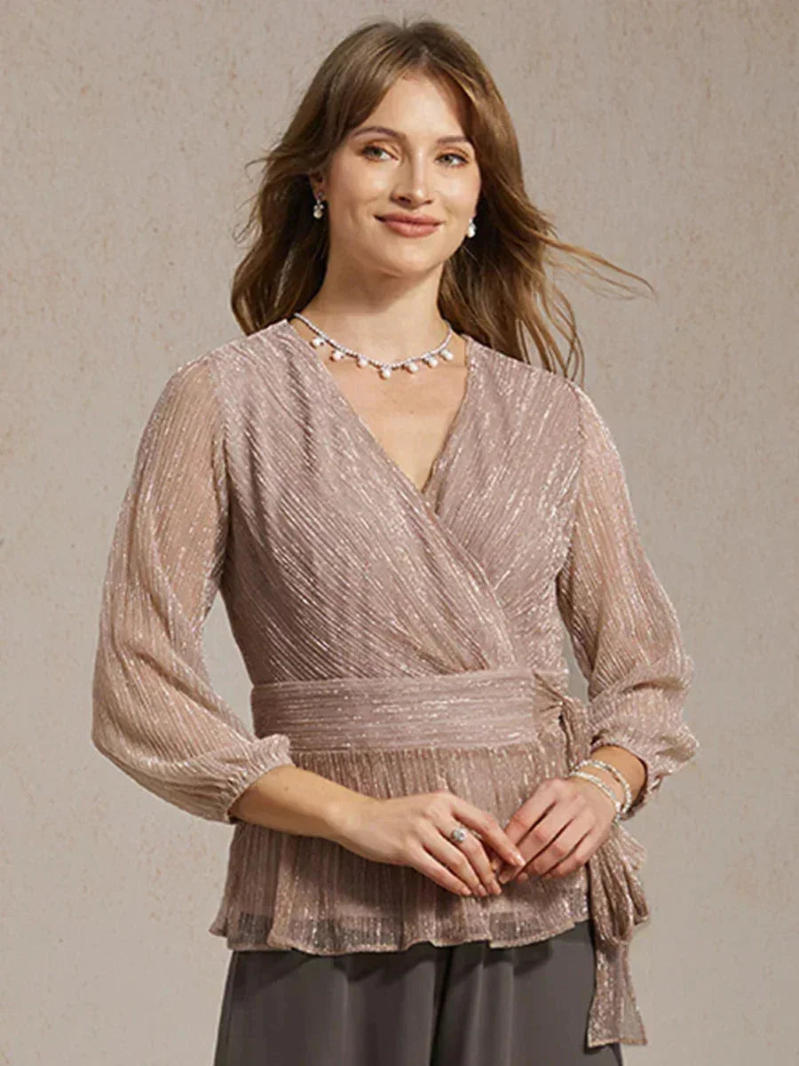 Metallic Pleated Chiffon Evening Wrap Top