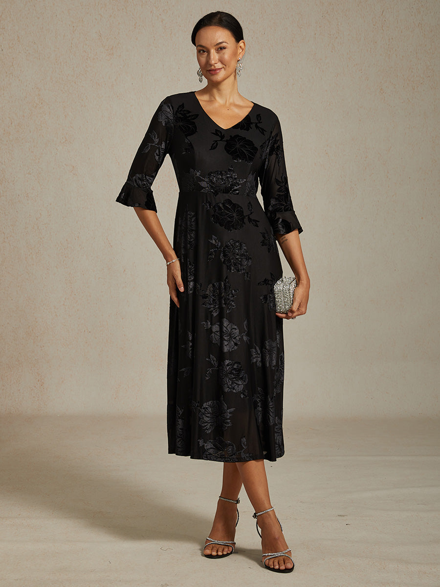 Floral Velvet A-Line Dress with Flutter Sleeves