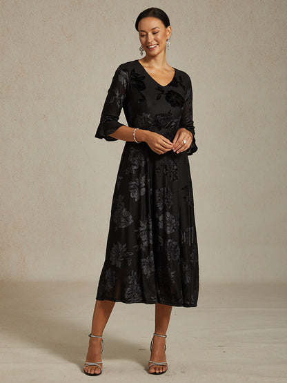 Floral Velvet A-Line Dress with Flutter Sleeves