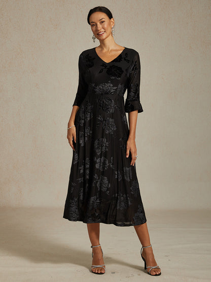 Floral Velvet A-Line Dress with Flutter Sleeves
