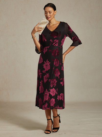 Floral Velvet A-Line Dress with Flutter Sleeves