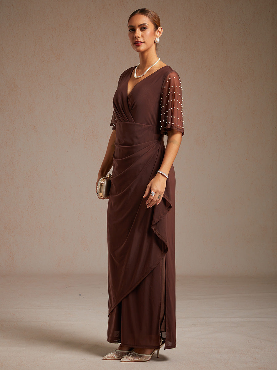 Elegant Formal Dress with Embellished Flutter Sleeves
