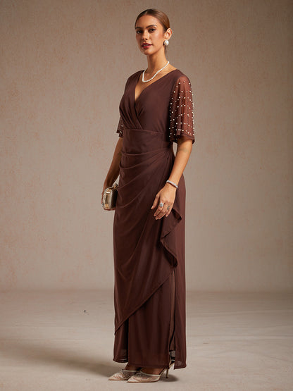 Elegant Formal Dress with Embellished Flutter Sleeves