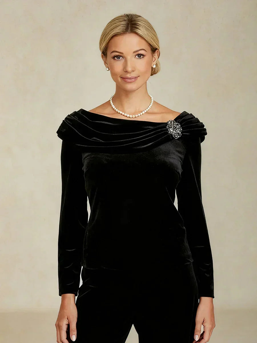 Long Sleeve Velvet Blouse with Ruched Collar
