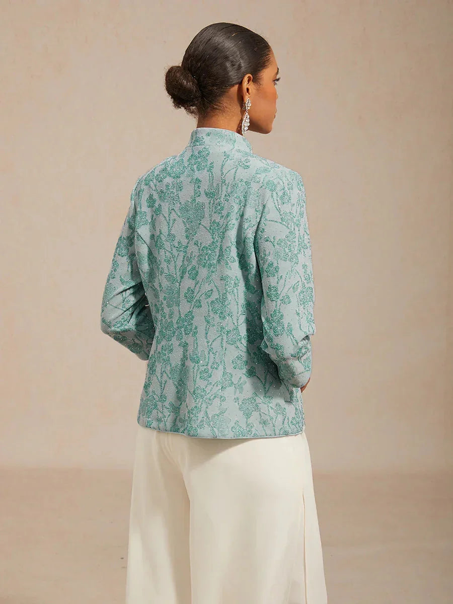 Floral Knit Jacquard Mandarin Collar Twinset