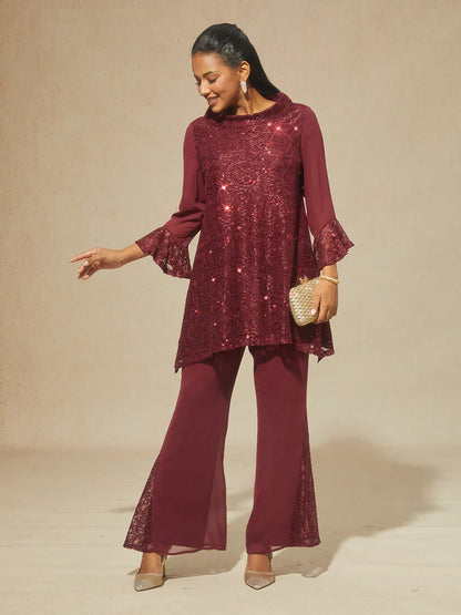 Mid-rise Chiffon Flared Pants with Lace Trim