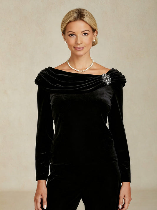 Long Sleeve Velvet Blouse with Ruched Collar