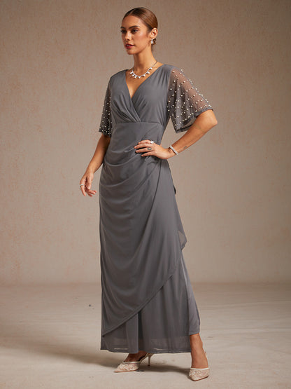 Elegant Formal Dress with Embellished Flutter Sleeves