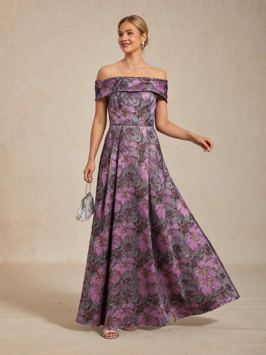 Off the Shoulder Metallic Floral Jacquard Ballgown