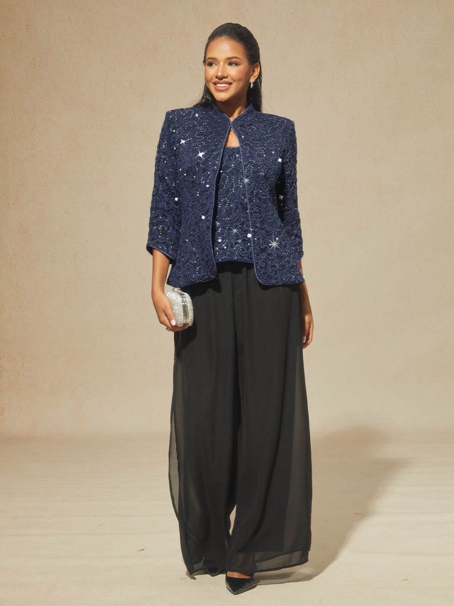 Paisley Lace Mandarin Collar Twinset with Rhinestone