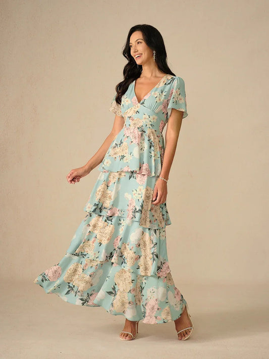 Tiered Floral High Waist Flutter Sleeve Ankle-Length Dress