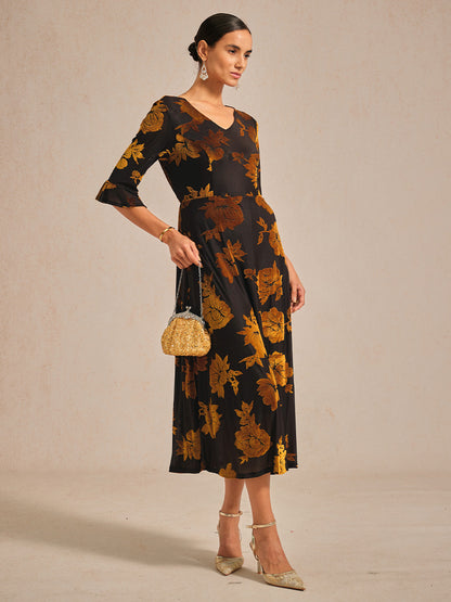 Floral Velvet A-Line Dress with Flutter Sleeves