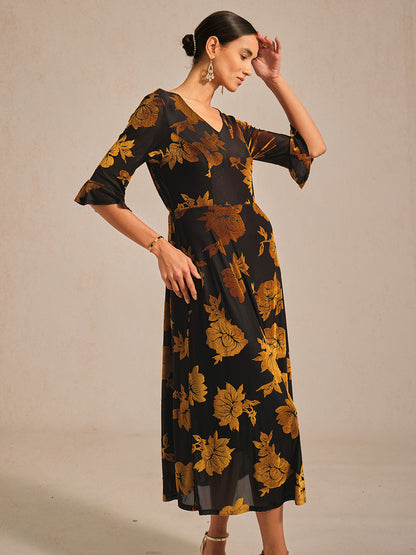 Floral Velvet A-Line Dress with Flutter Sleeves