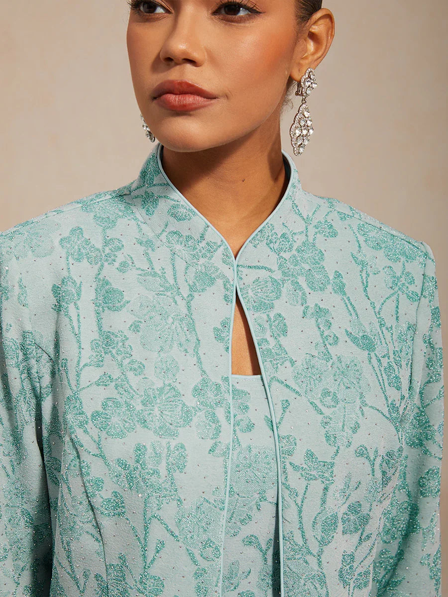 Elegantes Twinset mit Stehkragen und Strass-verziertem Zebra-Print