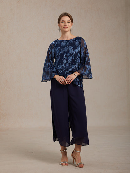 Floral Chiffon Blouse And Chiffon Pants Suit