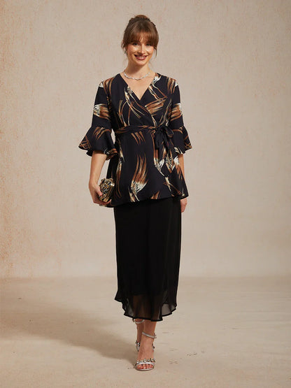 V-neck Long Tunic Blouse with Flutter Sleeves