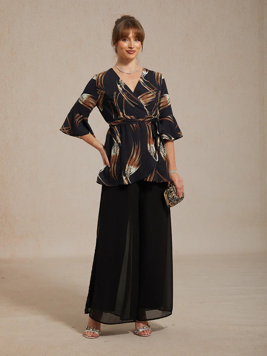 V-neck Long Tunic Blouse with Flutter Sleeves