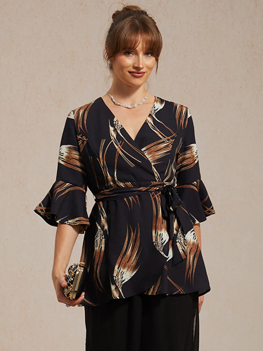 V-neck Long Tunic Blouse with Flutter Sleeves